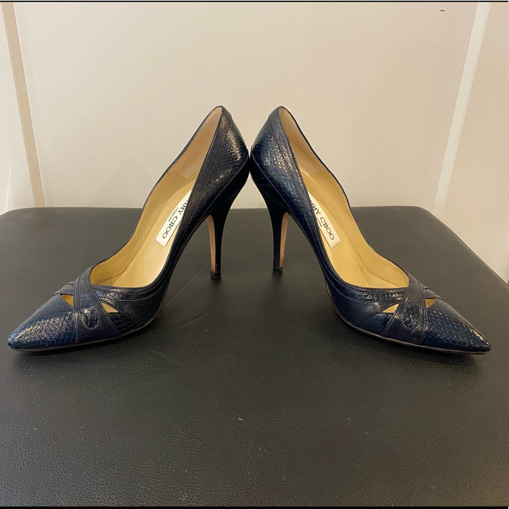 Jimmy Choo Textured Leather Dark Blue Heels - Picture 6 of 15